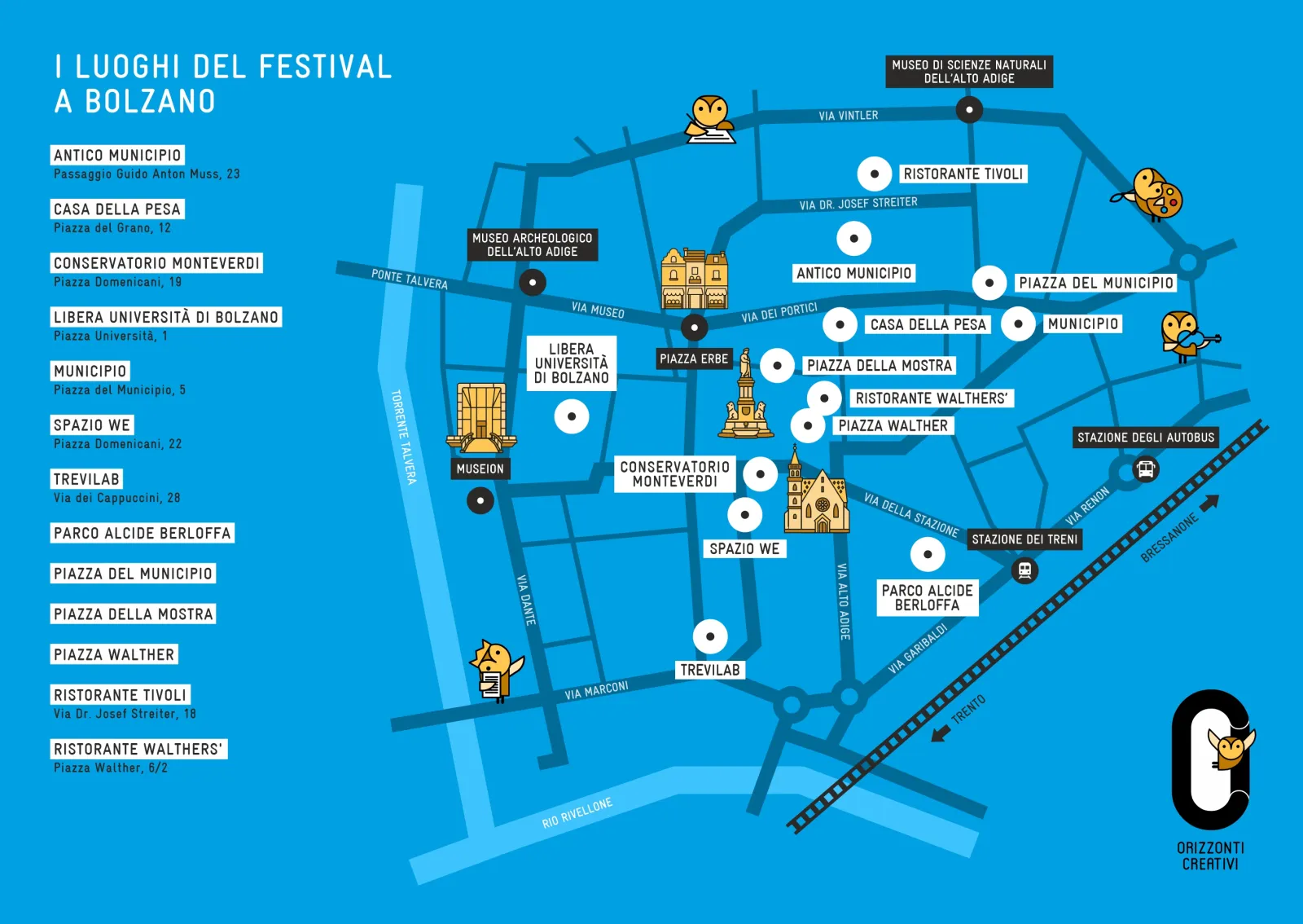 Mappa dei luoghi del Festival Orizzonti Creativi a Bolzano